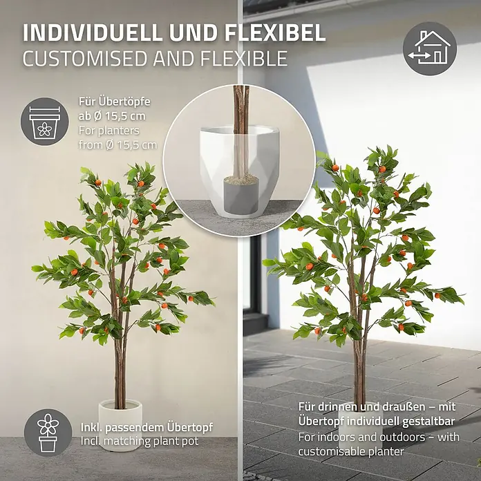 Kunstpflanze Orangenbaum 160 cm aus Kunststoff -  - Künstlicher Orangenbaum mit grünen Blättern und Orangenfrüchten im Topf. Für flexible Innen- und Außendekoration.