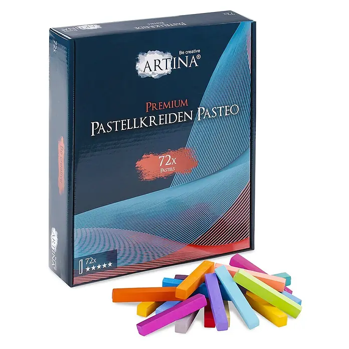 Artina Pastellkreiden-Set - Mehrfarbig - Dunkelblaue Schachtel Artina Premium Pastellkreiden Pasteo (72x Pastellkreiden) mit bunten Pastellstiften davor.