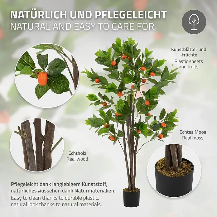 Kunstpflanze Orangenbaum 160 cm aus Kunststoff -  - Künstlicher Kumquatbaum mit Plastikblättern, orangen Früchten, Echtholzstämmen und Moos im schwarzen Topf.