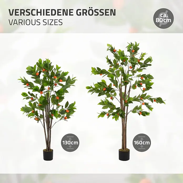 Kunstpflanze Orangenbaum 160 cm aus Kunststoff -  - Zwei künstliche Orangenbäume mit grünen Blättern und Früchten in schwarzen Töpfen, in 130 cm und 160 cm Größe erhältlich.