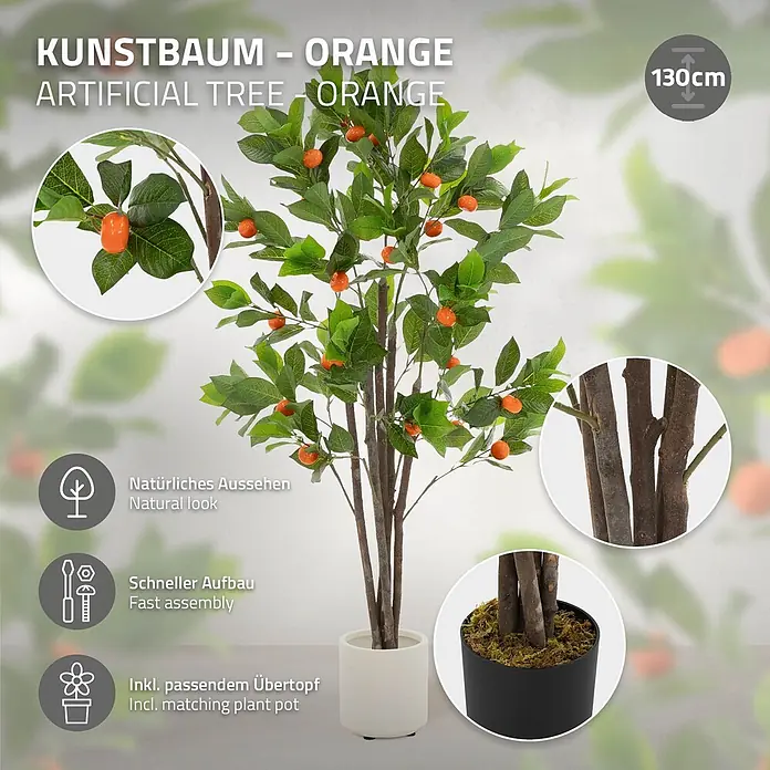 Kunstpflanze Orangenbaum 130 cm aus Kunststoff -  - Künstlicher Orangenbaum, 130cm hoch, mit grünen Blättern, orangen Früchten und passendem Übertopf für natürliche Optik und schnelle Montage.