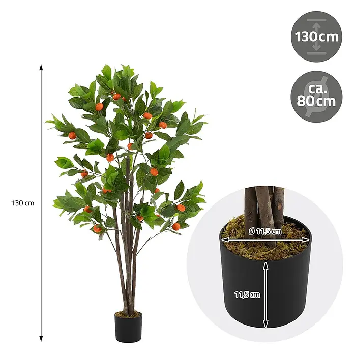 Kunstpflanze Orangenbaum 130 cm aus Kunststoff -  - Künstlicher Orangenbaum, 130cm hoch, ca. 80cm breit, in schwarzem Topf (Ø 11,5cm, H 11,5cm).
