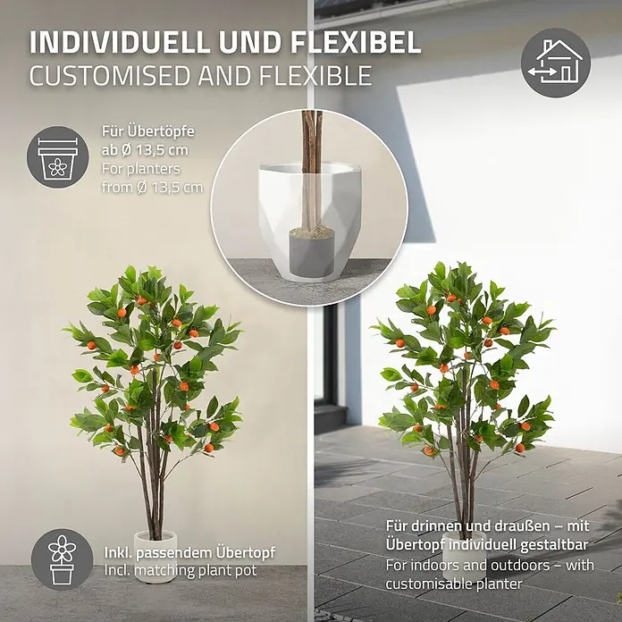 Kunstpflanze Orangenbaum 130 cm aus Kunststoff -  - Künstlicher Orangenbaum mit grünen Blättern und orangen Früchten, für innen und außen in Übertöpfe ab Ø 13,5 cm geeignet.