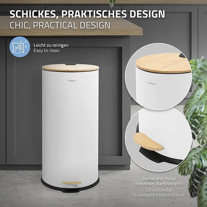 Mülleimer 30L mit Fußpedal und Bambusdeckel Rund Weiß aus Stahl -  - Weißer Treteimer mit Bambusdeckel und Pedal in moderner Wohnumgebung. Er zeichnet sich durch schickes, praktisches und leicht zu reinigendes Design aus.