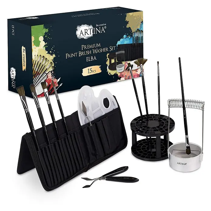 Artina Künstlerpinsel-Set - 15 -tlg., Größe Pinsel: #2 #4 #6 #8 #10 #12 #14 #16, Kunsthaar - Artina 15-teiliges Premium Pinselwaschset mit Pinseln, Rolletui, Halter, Metallwäscher, Palette und Malmessern.