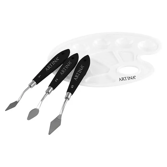 Artina Künstlerpinsel-Set - 15 -tlg., Größe Pinsel: #2 #4 #6 #8 #10 #12 #14 #16, Kunsthaar - Set aus drei ARTINA Palettmessern mit schwarzen Griffen und Metallklingen und einer weißen ARTINA Kunststoff-Mischpalette.