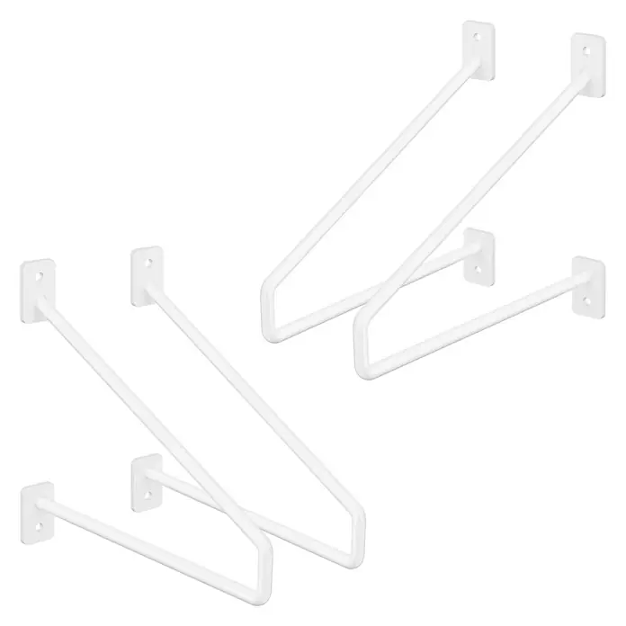 4er Set Regalhalterung 22 cm Weiß aus Stahl Wandmontage Haarnadel -  - Zwei Paare weiße Wandregalhalterungen aus Metall im minimalistischen Design.