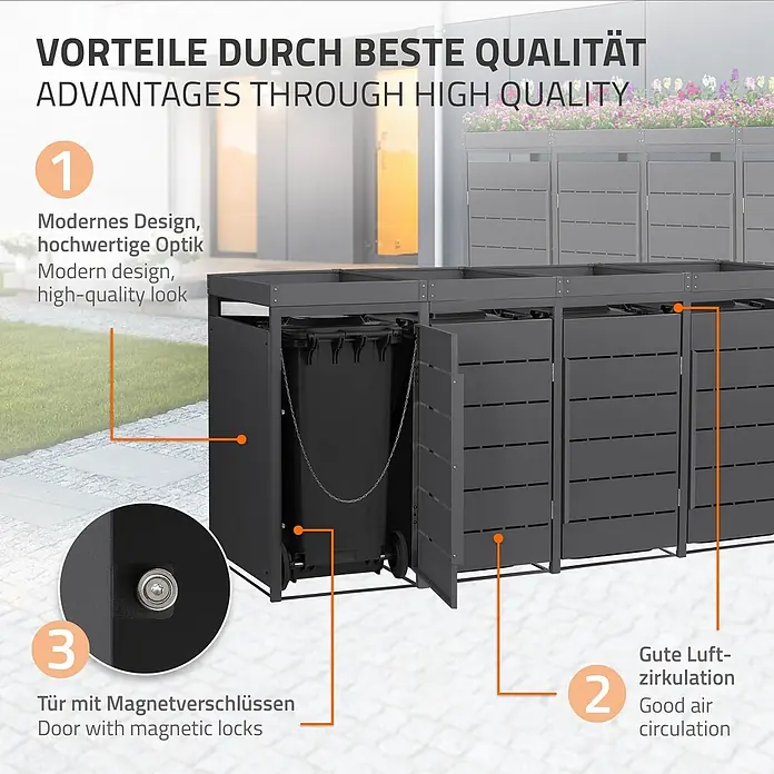 Mülltonnenbox 4er mit Pflanzdach 240L 260x80x124cm Anthrazit aus Stahl -  - Dunkelgraue Mülltonnenbox aus Metall mit Lamellentüren für Belüftung und Magnetverschlüssen, modern gestaltet für den Außenbereich.