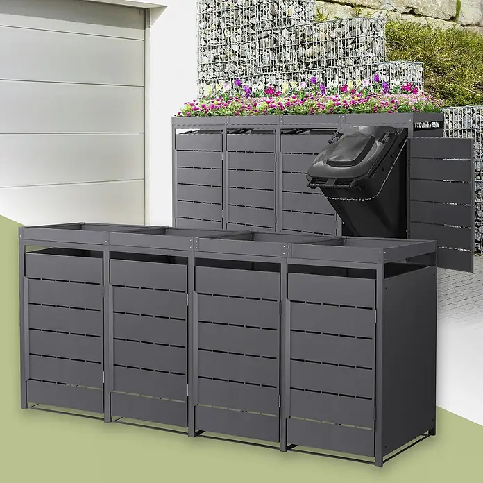 Mülltonnenbox 4er mit Pflanzdach 240L 260x80x124cm Anthrazit aus Stahl -  - Dunkelgraue Mülltonnenboxen aus Metall mit Lamellentüren und Pflanzgefäßen oben, im Außenbereich mit Mülltonnen.