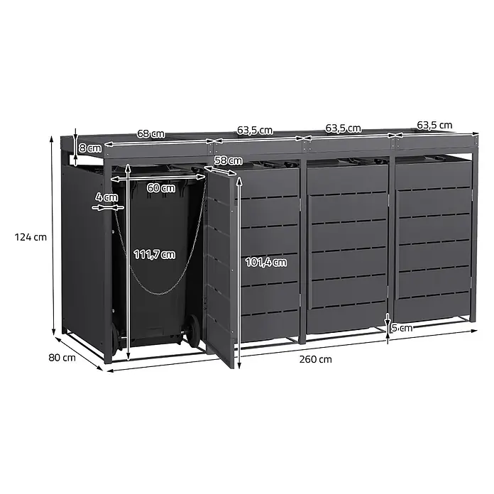 Mülltonnenbox 4er mit Pflanzdach 240L 260x80x124cm Anthrazit aus Stahl -  - Dunkelgraue Mülltonnenbox aus Metall mit drei Fächern und Maßangaben. Die Fronttüren öffnen sich für einfachen Zugang.
