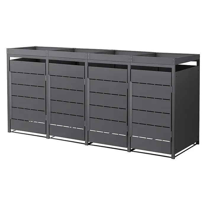 Mülltonnenbox 4er mit Pflanzdach 240L 260x80x124cm Anthrazit aus Stahl -  - Dunkelgraues Metall-Mehrfachmülltonnenbox mit Lamellentüren, ideal für den Außenbereich.
