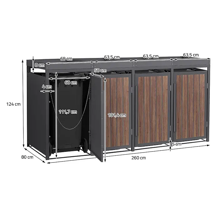 ML-Design Mülltonnenbox 4er 240L Pflanzdach 260x80x124 Anthrazit-Holzoptik -  - Dunkelgraue Mülltonnenbox aus Metall mit drei Fächern und braunen Holzpaneelen, Maße angezeigt.