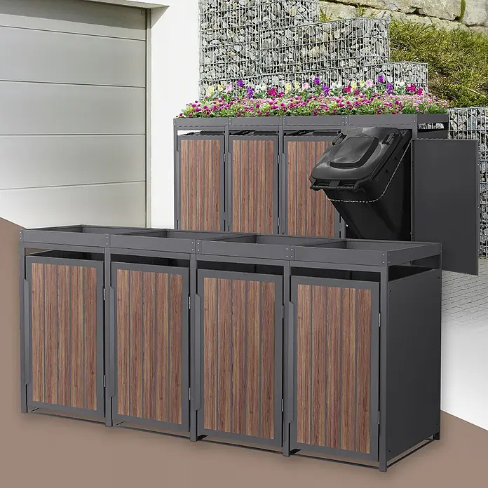 ML-Design Mülltonnenbox 4er 240L Pflanzdach 260x80x124 Anthrazit-Holzoptik -  - Mülltonnenboxen aus dunkelgrauem Metall mit braunen Holzpaneelen, mit Pflanzdach und geöffneter Tonne.