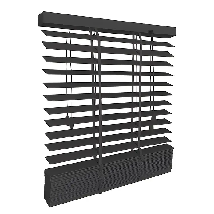 Sol Royal Jalousie - B x H: 100 x 180 cm, Schwarz, Holz - Dunkelgraue Lamellenjalousien, oben teilweise geöffnet und unten geschlossen, zur Lichtregulierung am Fenster.
