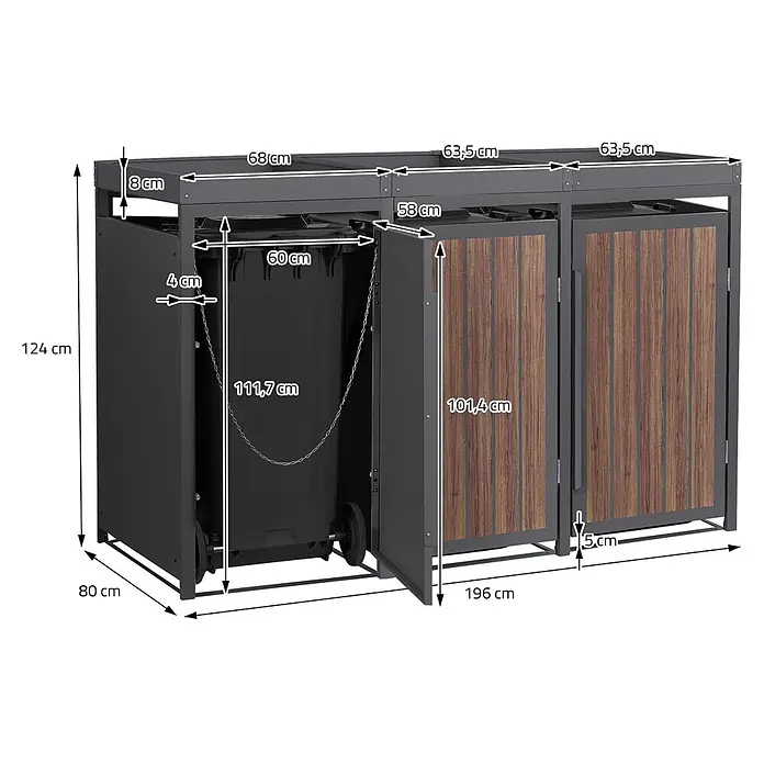 ML-Design 3x Mülltonnenbox 240L Pflanzdach 196x80x124cm Anthrazit-Holzoptik -  - Dunkelgraue Metall-Mülltonnenbox mit drei Fächern und Holzoptik-Türen, Maßangaben für den Außenbereich.