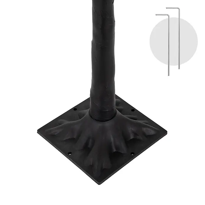 LED-Baum 120 cm mit 480 warmweißen LEDs Außen IP44 -  - Schwarzer Kunstbaumstamm mit quadratischem, wurzelartigem Sockel und zwei silbernen Erdspießen.