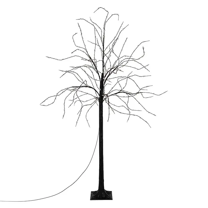 LED-Baum 150 cm mit 600 warmweißen LEDs Außen IP44 -  - Ein dunkler Deko-Baum mit vielen sternförmigen LED-Leuchten an seinen Ästen, auf einem schwarzen Sockel mit sichtbarem Stromkabel.