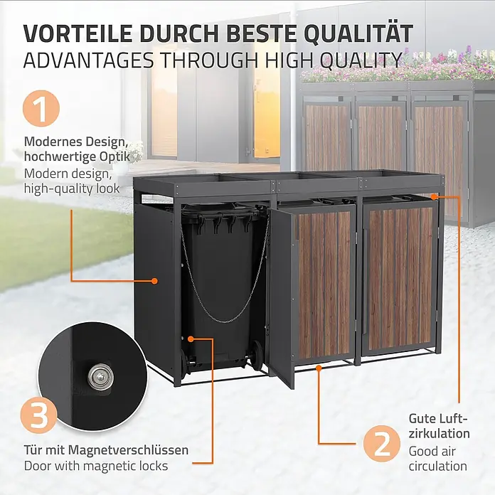 ML-Design 3x Mülltonnenbox 240L Pflanzdach 196x80x124cm Anthrazit-Holzoptik -  - Dreifache Mülltonnenbox aus dunkelgrauem Metall mit Holzlamellentüren auf einer Terrasse.