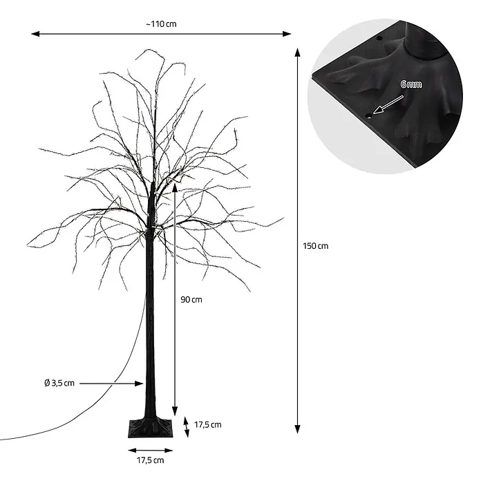 LED-Baum 150 cm mit 600 warmweißen LEDs Außen IP44 -  - Schwarzer LED-Deko-Baum, 150 cm hoch und 110 cm breit, mit beleuchteten Ästen und stabilem Standfuß.