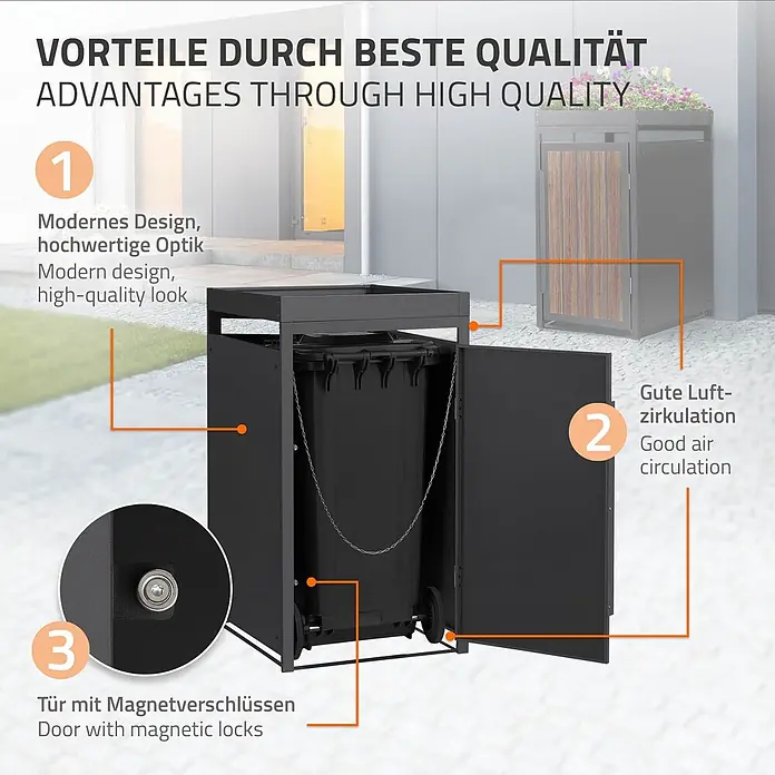 ML-Design Mülltonnenbox 1er 240L Pflanzdach 68x80x124cm Anthrazit-Holzoptik -  - Schwarze Mülltonnenbox aus Metall mit modernem Design, Magnetverschlüssen und guter Belüftung.