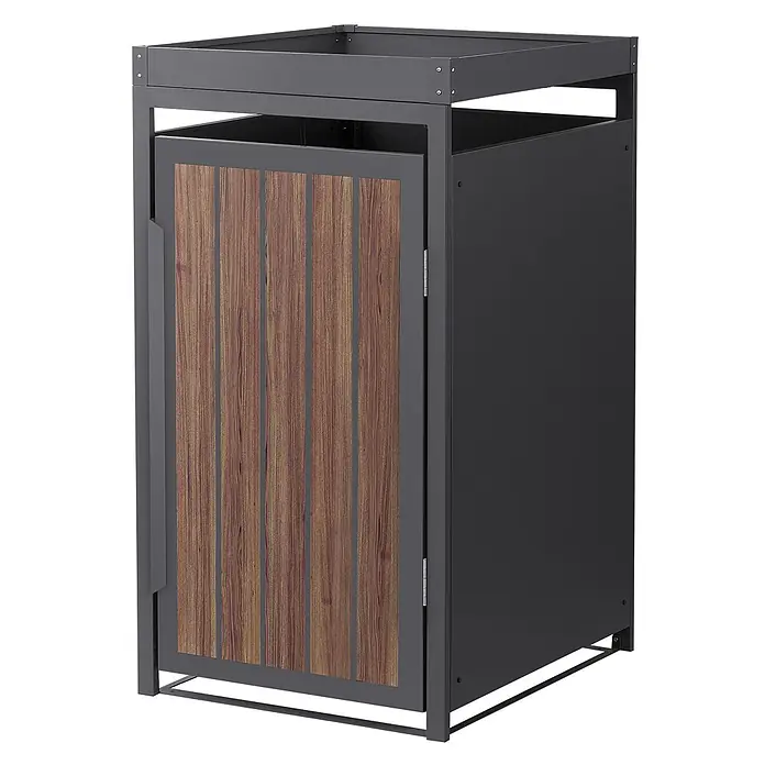 ML-Design Mülltonnenbox 1er 240L Pflanzdach 68x80x124cm Anthrazit-Holzoptik -  - Dunkelgrauer Abfalleimer aus Metall für draußen mit Holzlattentür und offener Oberseite.