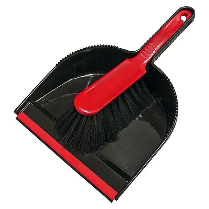 BAUHAUS Kehr-Set - Kunststoff, Schwarz/Rot - Bild einer schwarzen Kehrschaufel mit einer roten Gummilippe und einer roten Handbürste mit schwarzen Borsten.