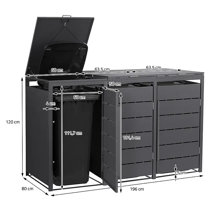 Mülltonnenbox 3er 240L 196x80x120 cm Anthrazit aus Stahl wetterfest -  - Dunkelgraue Metall-Mülltonnenbox mit Maßen. Verfügt über einen aufklappbaren Deckel und mehrere Fächer.