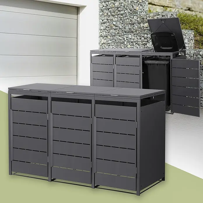 Mülltonnenbox 3er 240L 196x80x120 cm Anthrazit aus Stahl wetterfest -  - Dunkelgraue Mülltonnenboxen aus Metall mit mehreren Fächern, außen gezeigt, eine Klappe und Tür geöffnet.