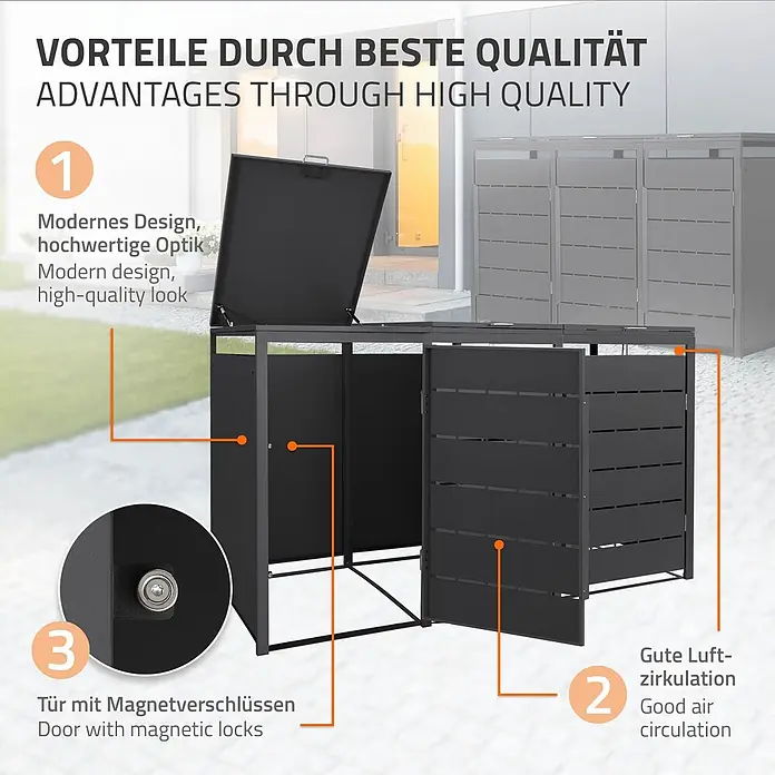Mülltonnenbox 3er 240L 196x80x120 cm Anthrazit aus Stahl wetterfest -  - Dunkelgraue Metall-Mülltonnenbox mit Lamellen für Belüftung und Magnettüren. Modernes Design, hohe Qualität.