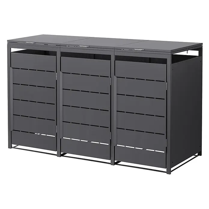 Mülltonnenbox 3er 240L 196x80x120 cm Anthrazit aus Stahl wetterfest -  - Dunkelgraue Metall-Mülltonnenbox mit drei Fächern, Lamellentüren und Klappdeckeln.