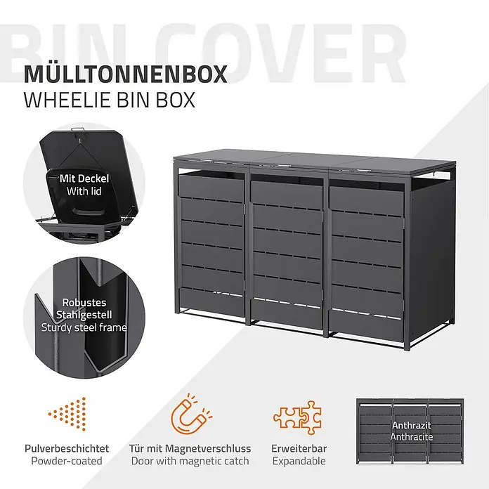 Mülltonnenbox 3er 240L 196x80x120 cm Anthrazit aus Stahl wetterfest -  - Anthrazitfarbene, erweiterbare Mülltonnenbox aus pulverbeschichtetem Stahl mit Deckel und Magnetverschluss.