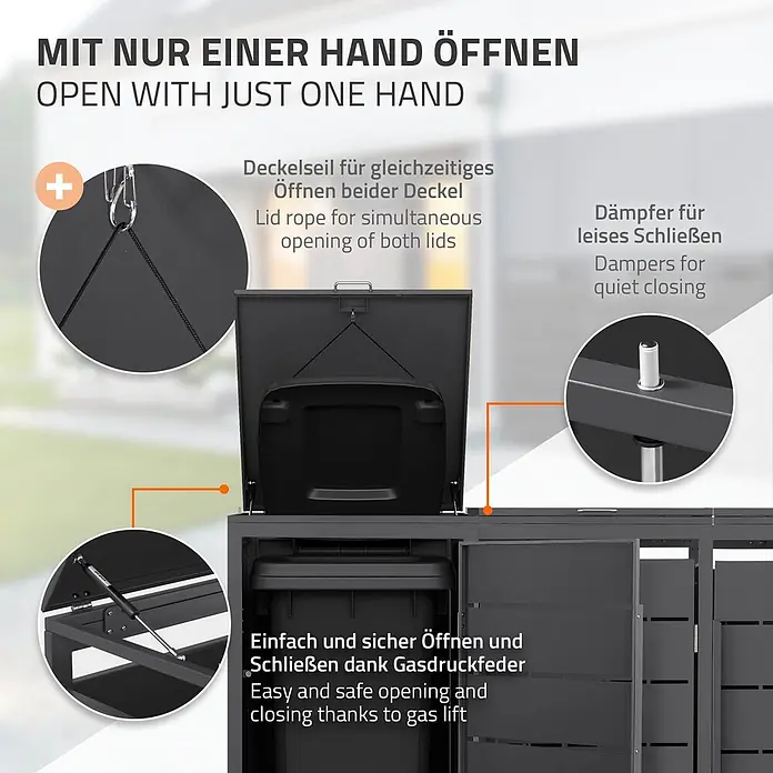 Mülltonnenbox 3er 240L 196x80x120 cm Anthrazit aus Stahl wetterfest -  - Dunkelgraue Mülltonnenbox mit Einhandöffnung, Gasdruckfeder, Deckelseil und Dämpfern für leises Schließen.
