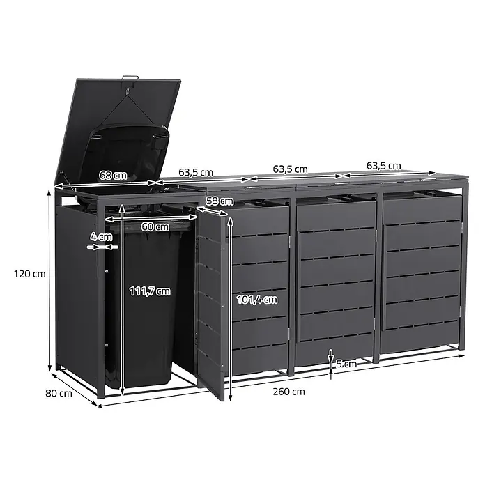Mülltonnenbox 4er 240L 260x80x120 cm Anthrazit aus Stahl wetterfest -  - Dunkelgraue Mülltonnenbox aus Metall mit drei Fächern, ein Deckel ist geöffnet, ein Mülleimer ist sichtbar. Maße sind angegeben.
