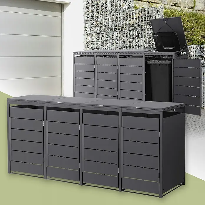 Mülltonnenbox 4er 240L 260x80x120 cm Anthrazit aus Stahl wetterfest -  - Dunkelgraue Mülltonnenboxen aus Metall. Ein Satz von vier im Vordergrund, ein weiterer von drei im Hintergrund, mit einem offenen Fach, das eine Mülltonne zeigt.
