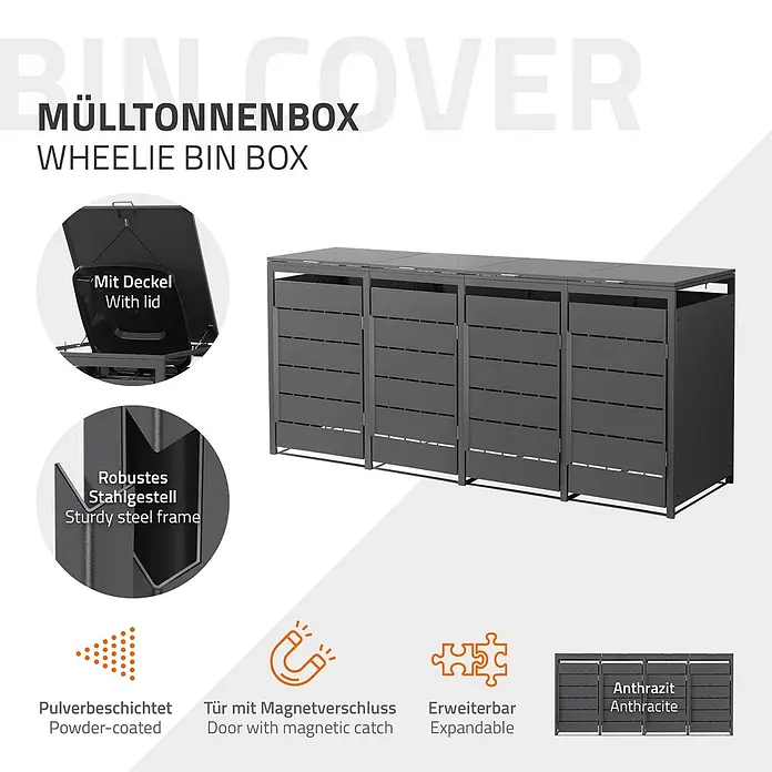 Mülltonnenbox 4er 240L 260x80x120 cm Anthrazit aus Stahl wetterfest -  - Anthrazitfarbene, pulverbeschichtete Stahl-Mülltonnenbox mit mehreren Fächern, Einzellid, Magnetverschlüssen und erweiterbarem Design.