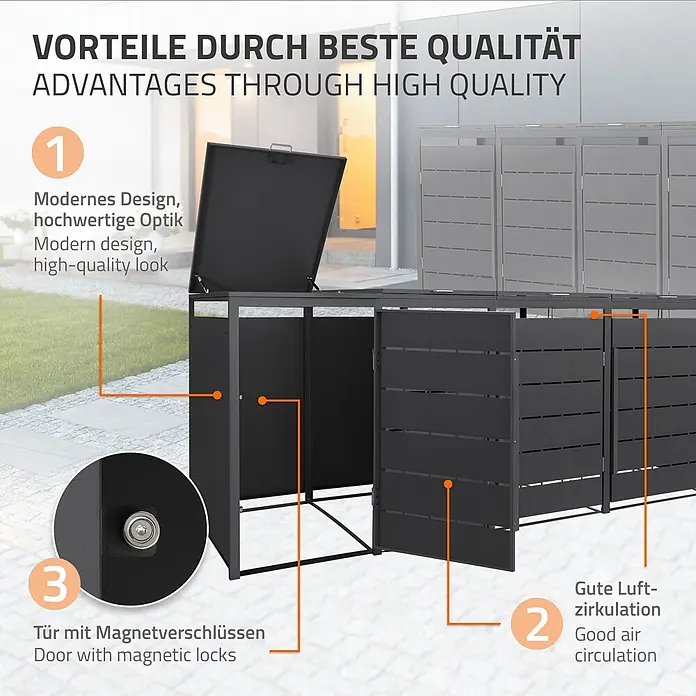 Mülltonnenbox 4er 240L 260x80x120 cm Anthrazit aus Stahl wetterfest -  - Dunkelgraue Mülltonnenbox aus Metall mit Lamellendesign, Magnetverschlüssen und modernem Outdoor-Look.