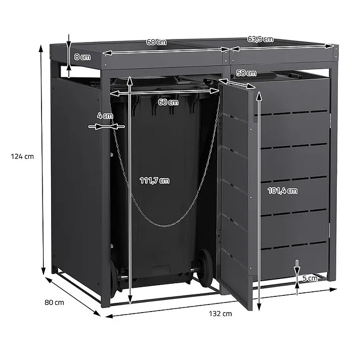 Mülltonnenbox 2er mit Pflanzdach 240L 132x80x124cm Anthrazit aus Stahl -  - Dunkelgraue Metall-Mülltonnenbox mit zwei Fächern und Lamellentüren, zeigt Gesamt- und Innenmaße.
