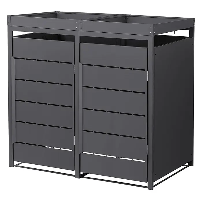 Mülltonnenbox 2er mit Pflanzdach 240L 132x80x124cm Anthrazit aus Stahl -  - Dunkelgraues Metall-Mülleimergehäuse mit zwei Fächern und Lamellentüren für die Mülllagerung im Freien.
