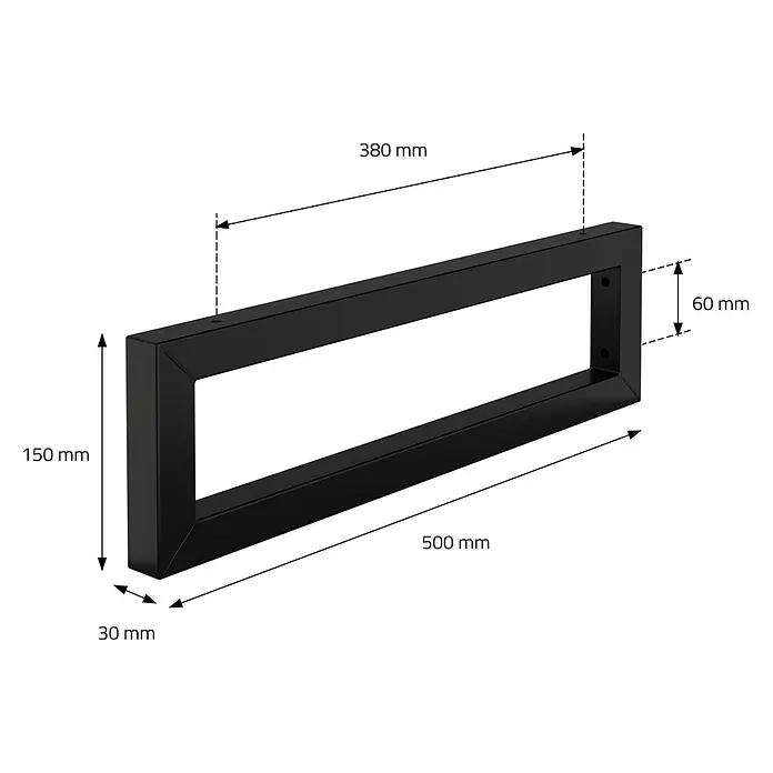 Wandkonsole 2er Set für Waschtisch 500x150 mm Schwarz aus Stahl -  - Schwarzer, rechteckiger, hohler Metallrahmen, detailliert mit Maßen für Möbelbein oder Stütze.