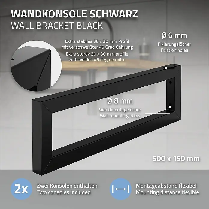 Wandkonsole 2er Set für Waschtisch 500x150 mm Schwarz aus Stahl -  - Schwarze Wandkonsole aus stabilem 30x30mm Profil, mit geschweißter 45-Grad-Gehrung.