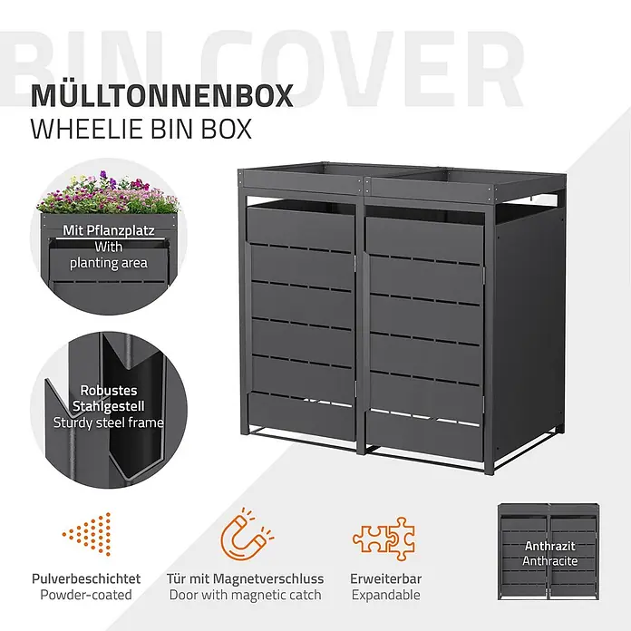 Mülltonnenbox 2er mit Pflanzdach 240L 132x80x124cm Anthrazit aus Stahl -  - Dunkelgraue, pulverbeschichtete Mülltonnenbox aus Stahl mit Pflanzfläche oben und zwei Türen mit Magnetverschluss.