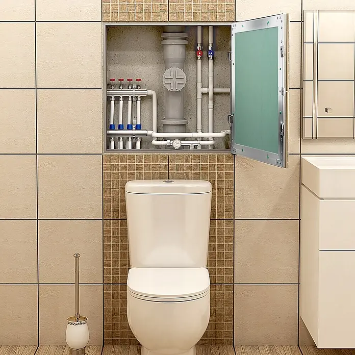 Revisionsklappe 200 x 250 mm, Alu Rahmen, grüne 12,5mm GK-Einlage -  - Offene Revisionsklappe mit grüner Innenseite, die Badinstallationen mit Verteiler und Rohren über einer weißen Toilette zeigt.