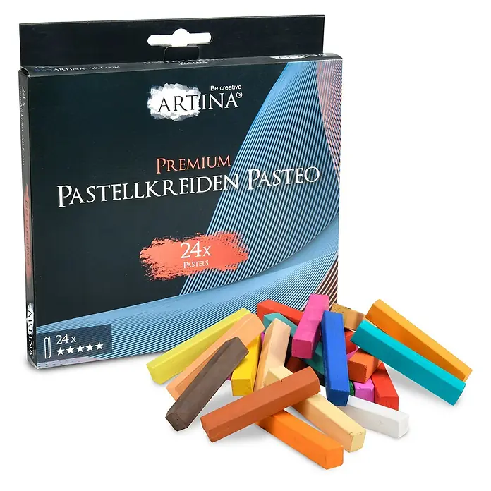Artina Pastellkreiden-Set - Mehrfarbig - Eine schwarze Schachtel ARTINA Premium Pastellkreiden Pasteo, 24x Pastelle, und ein Haufen bunter Pastellstifte.