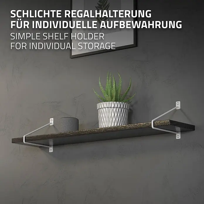 4er Set Regalhalterung 22 cm Weiß aus Stahl Wandmontage Haarnadel -  - Weiße Metall-Regalhalterungen stützen ein dunkles Holzregal, ideal für individuelle Wandaufbewahrung.