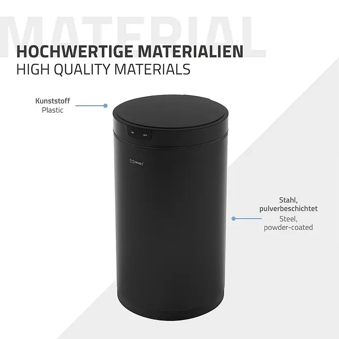 ML-Design Sensormülleimer 30L rund aus Stahl Abfalleimer berührungslos, Klemmring für Müllbeutel - 30 l, Stahl, Schwarz - Schwarzer zylindrischer Abfalleimer mit Kunststoffdeckel und pulverbeschichtetem Stahlgehäuse.