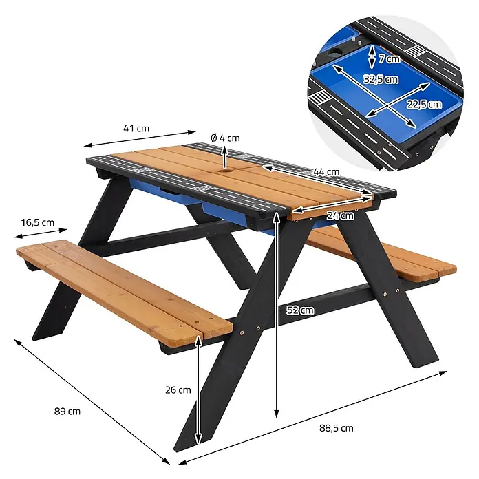 Kindersitzgarnitur Outdoor mit Spielwannen Naturbraun Massivholz -  - Kindertisch mit schwarzen Beinen und Naturholzplatte, integrierte blaue Spielbehälter.