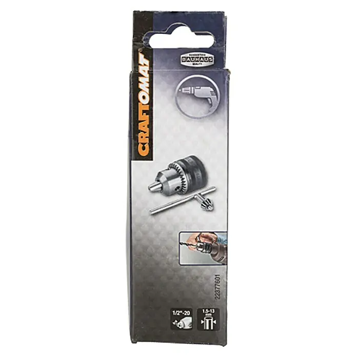 Craftomat Portabrocas con corona dentada - 1,5 mm - 13 mm, Acero - Imagen de un embalaje de portabrocas Craftomat que muestra el portabrocas, la llave y detalles técnicos. Calidad y accesorios para el taladro.