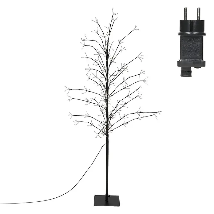 LED-Baum 150 cm 360LED Warmweiß Timer Außen Flexibel Zweige -  - Schwarzer LED-Baum mit vielen kleinen Lichtern auf flexiblen Ästen, auf quadratischem Sockel, mit schwarzem Netzteil.