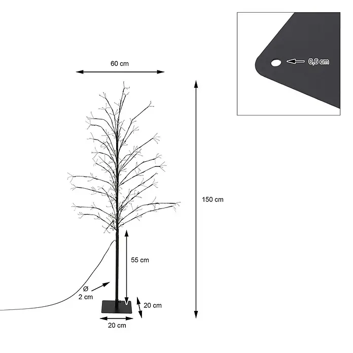 LED-Baum 150 cm 360LED Warmweiß Timer Außen Flexibel Zweige -  - Schwarzer LED-Lichtbaum, 150 cm hoch, mit 20x20 cm Fuß.
