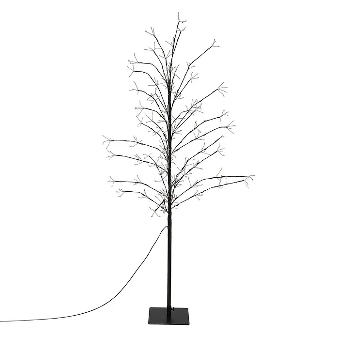 LED-Baum 150 cm 360LED Warmweiß Timer Außen Flexibel Zweige -  - Ein künstlicher schwarzer Baum mit vielen Ästen, beleuchtet von kleinen weißen LED-Lichtern, auf einem schwarzen quadratischen Sockel mit Stromkabel.